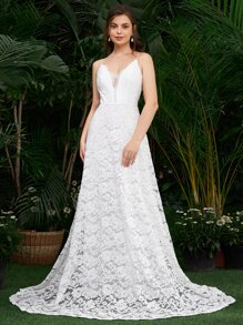 SHEIN Belle 低後蕾絲覆蓋吊帶洋裝帶面紗 - 白色 - 查看 5