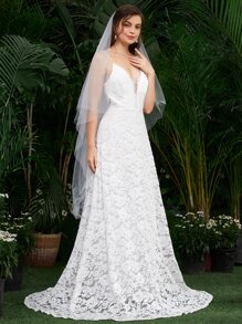 SHEIN Belle 低後蕾絲覆蓋吊帶洋裝帶面紗 - 白色 - 查看 6