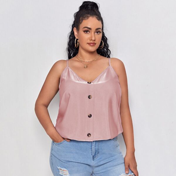 

Plus Button Front Solid Cami Top, Dusty pink