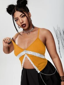 Top de tirantes corto bajo con abertura con encaje en contraste - Mostaza Amarilla - Ver 1