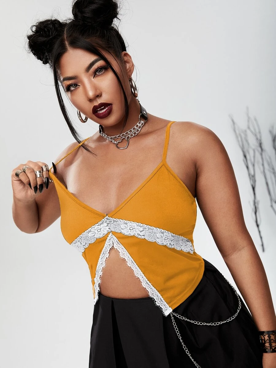 Top de tirantes corto bajo con abertura con encaje en contraste - Mostaza Amarilla - Ver 1
