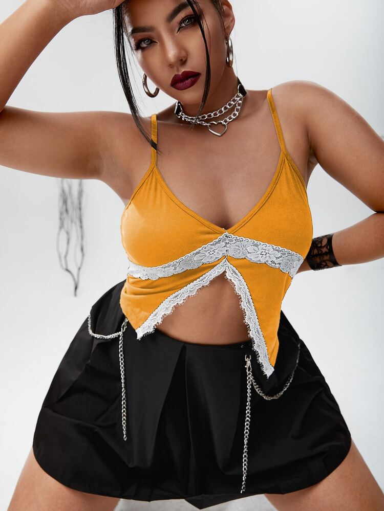 Plus Contrast Lace Split Hem Crop Cami Top - Mustard Yellow - View 3