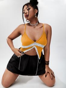 Top de tirantes corto bajo con abertura con encaje en contraste - Mostaza Amarilla - Ver 5