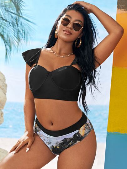 6 سم بكم مجموعة بكيني قرنفلي بطبعة الرخام الحجم الكبير للشاطئ الصيفي