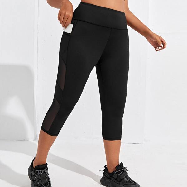 

Plus Mesh Insert Sports Leggings With Phone Pocket, Black