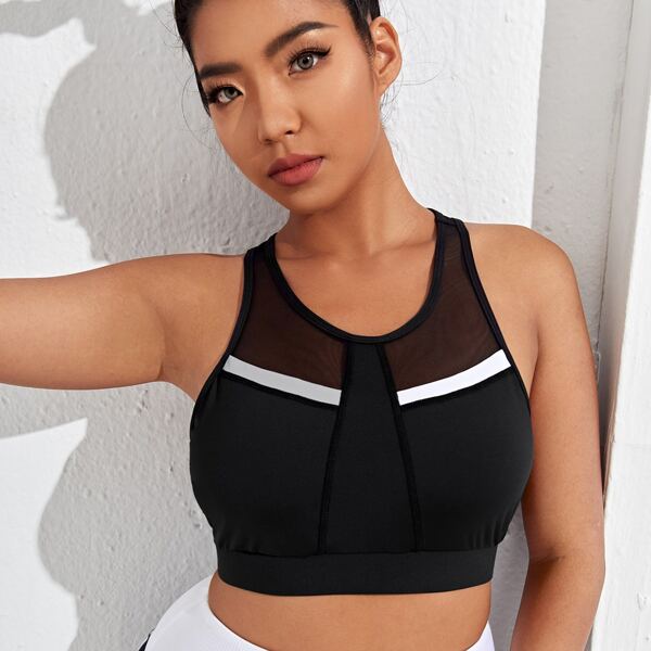 

Plus Contrast Mesh Sports Bra, Black