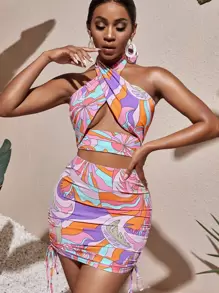 Slaydiva Allover Print Backless Criss Halter Top & Drawstring Skirt - Multicolor - View 1