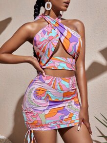 Slaydiva Allover Print Backless Criss Halter Top & Drawstring Skirt - Multicolor - View 5
