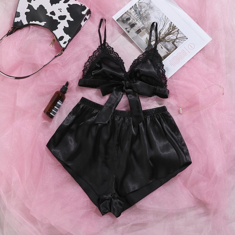 

Contrast Lace Knot Satin Night Set, Black