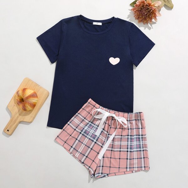 

Tie Waist Heart & Tartan Print PJ Set, Multicolor