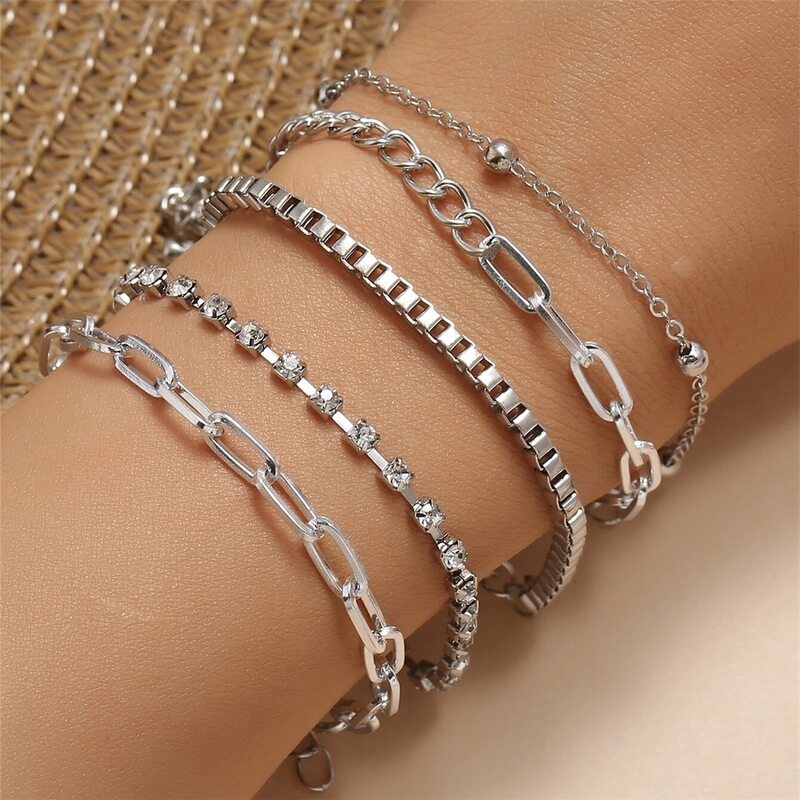

5pcs Rhinestone Decor Chain Bracelet, Silver