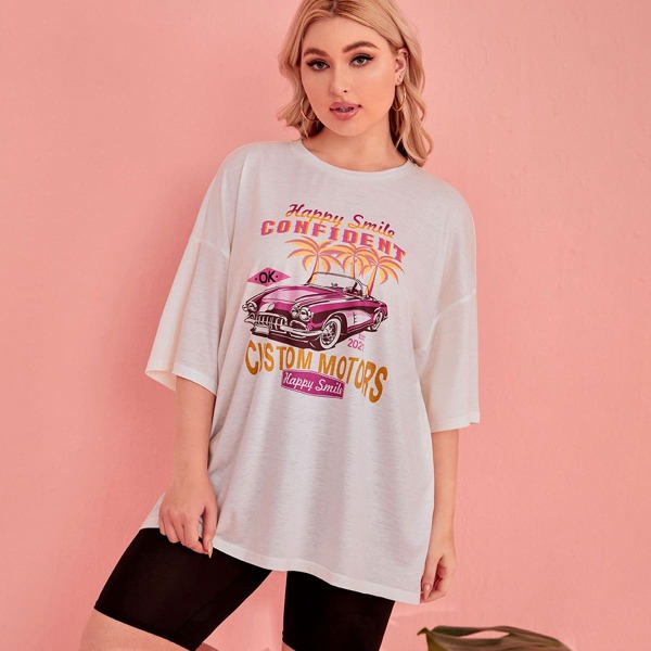 

Plus Drop Shoulder Letter & Car Print Tee, White