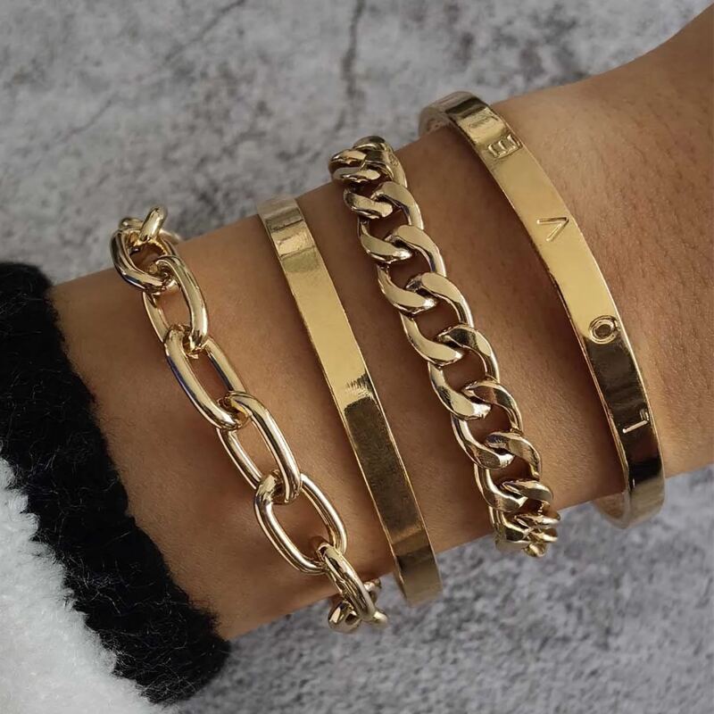 

4pcs Letter Bracelet Set, Gold