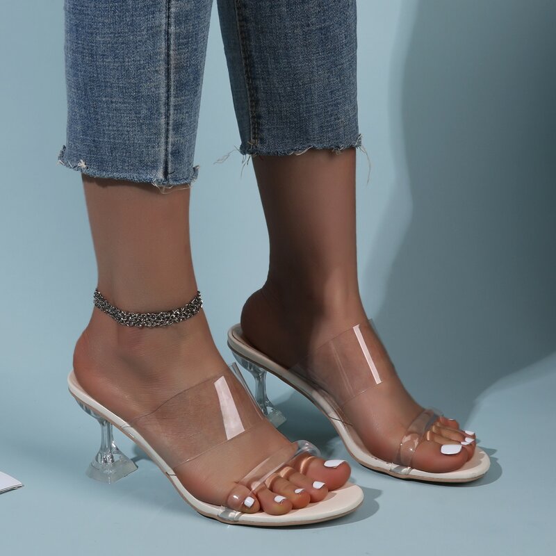 

Clear Strap Heeled Mules, Beige