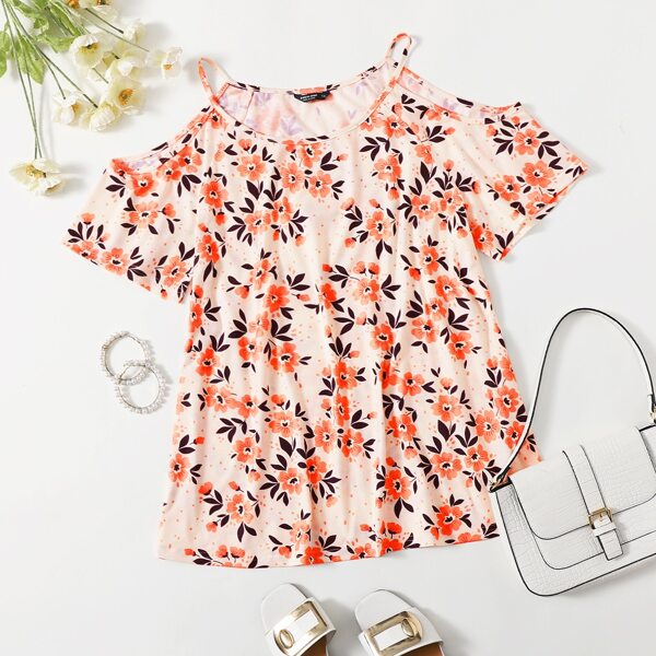 

Plus Allover Floral Cold Shoulder Tee, Orange