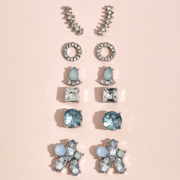 

6pairs Rhinestone Decor Stud Earrings, Blue