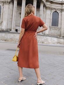 SHEIN Notched Collar Button Front Belted Shirt Dress - Redwood - View 2