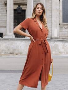 SHEIN Notched Collar Button Front Belted Shirt Dress - Redwood - View 3