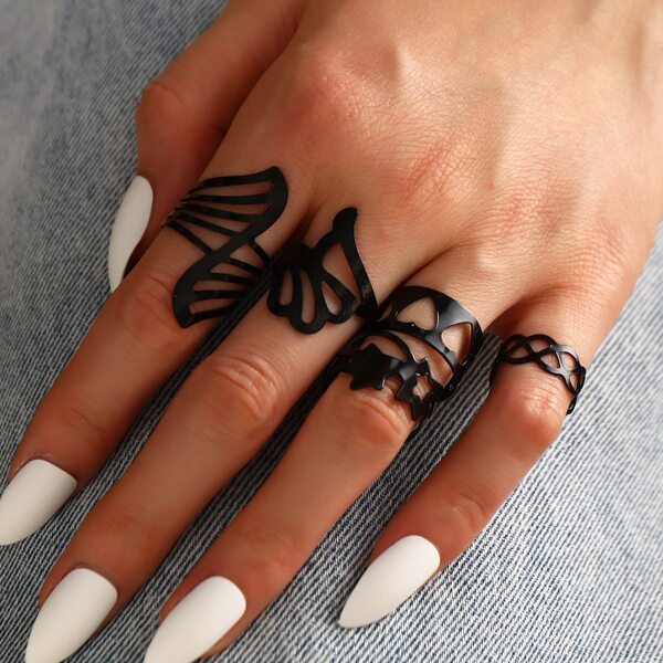 

5pcs Hollow Out Cuff Ring, Black