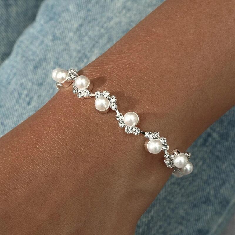 

Rhinestone & Faux Pearl Bracelet, Silver
