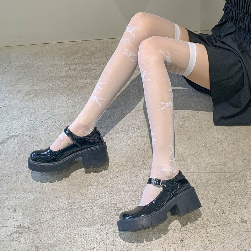 

Floral Print Over The Knee Socks, White