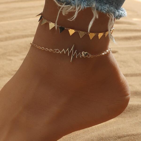 

2pcs Heart & Geometric Decor Anklet, Gold