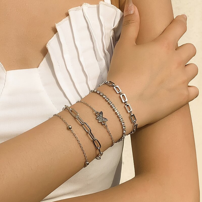 

5pcs Butterfly Rhinestone Bracelet, Silver