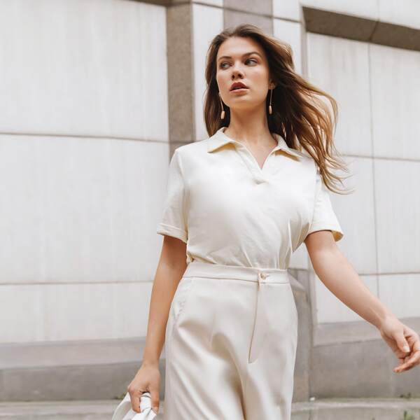 

V-neck Collared Solid Tee, Beige