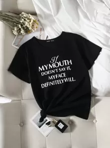 SHEIN LUNE Plus Slogan Graphic Tee - Black - View 1