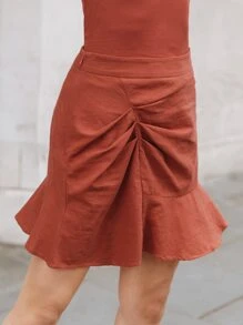 SHEIN Falda Con Detalle Fruncido En Ruedos Con Dobladillo De Volantes - Óxido marrón - Ver 4