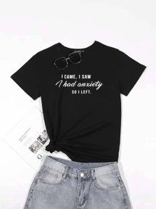SHEIN LUNE Plus Slogan Graphic Tee - Black - View 1