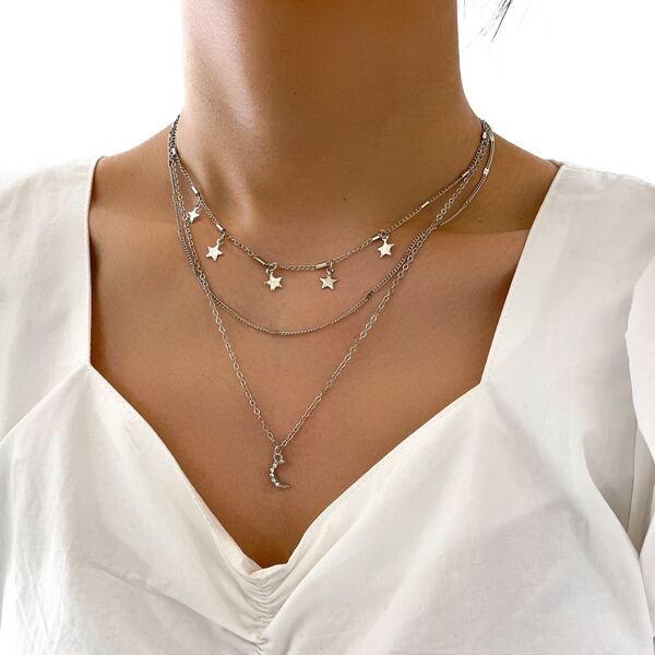 

Moon & Star Charm Layered Necklace, Silver