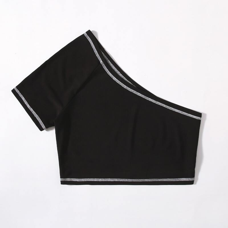 

Stitching Trim One Shoulder Crop Top, Black