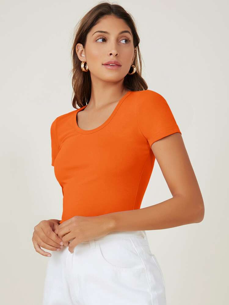 SHEIN BASICS Áo thun màu trơn Cơ bản - trái cam - Xem 1