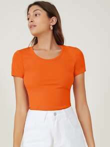 SHEIN BASICS Camisetas Liso Básico - Naranja - Ver 5