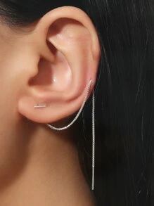 極簡風格穿線耳環 - 銀色 - 查看 2
