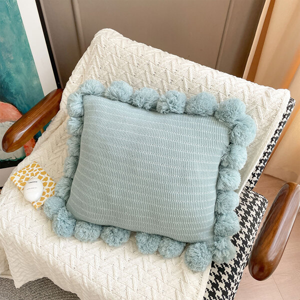 

Pom Pom Decor Knitted Cushion Cover Without Filler, Blue