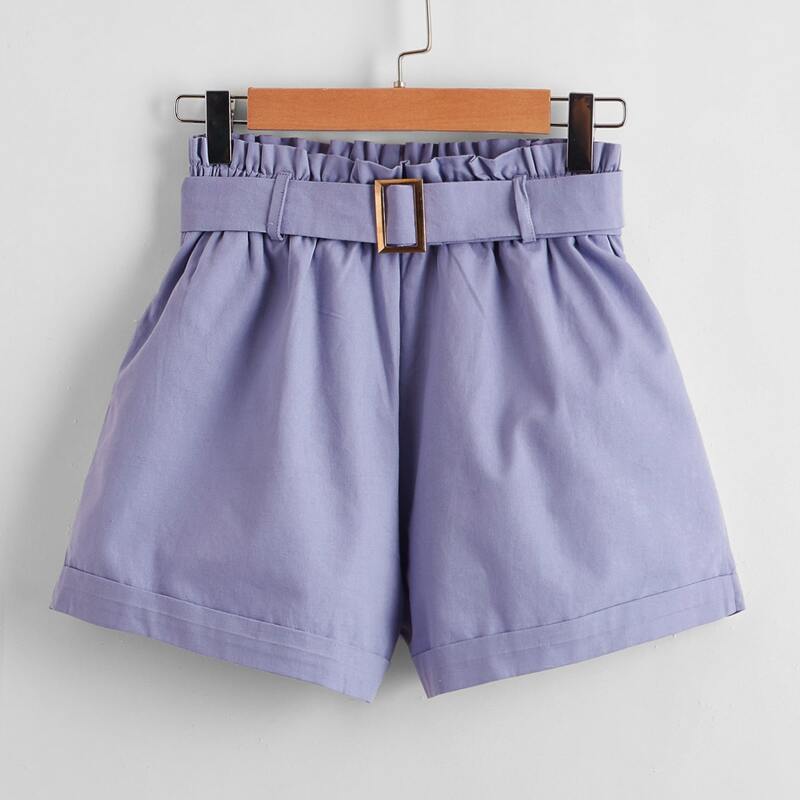 

Solid Belted Cuffed Shorts, Violet purple