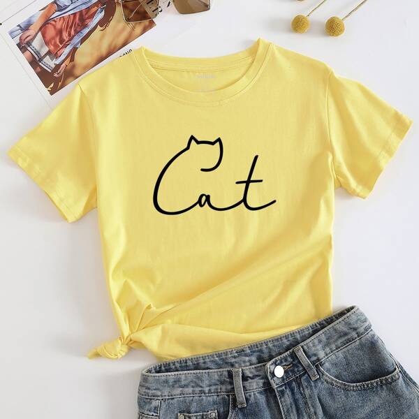 

Cartoon And Letter Graphic Tee, Yellow