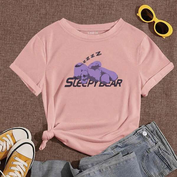 

Bear And Letter Graphic Tee, Dusty pink