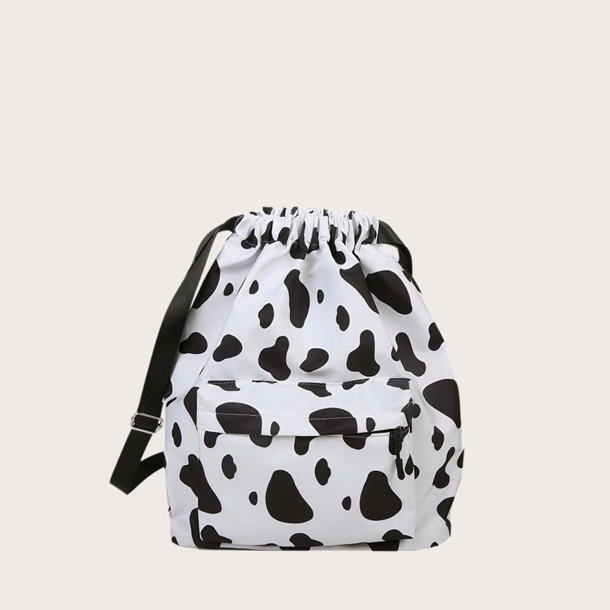 

Cow Print Drawstring Backpack, Black and white