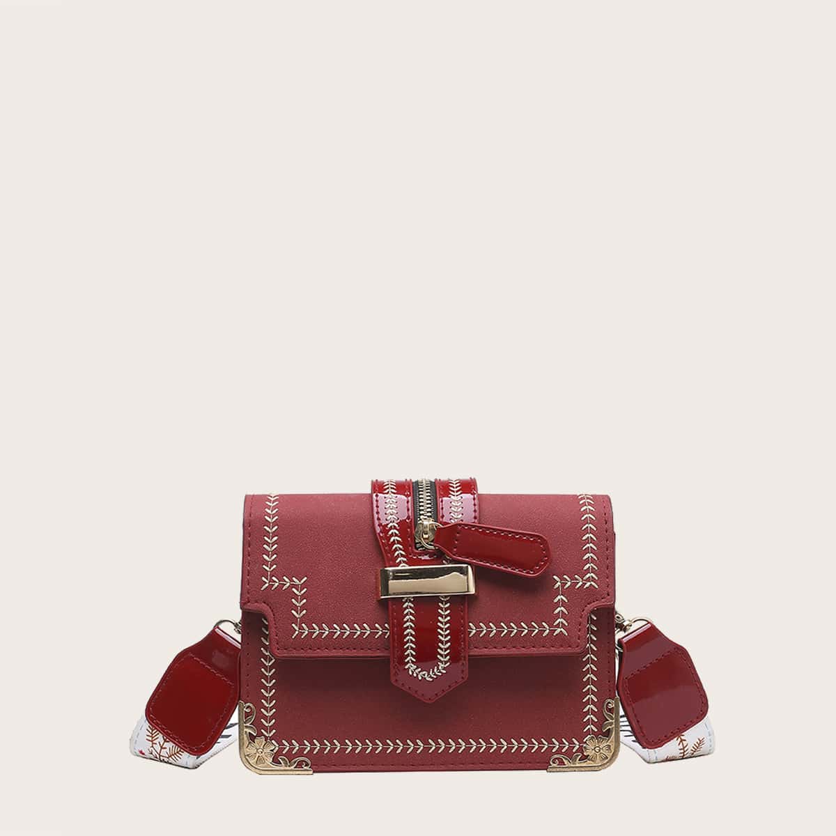 

Embroidery Trim Crossbody Bag, Rose red