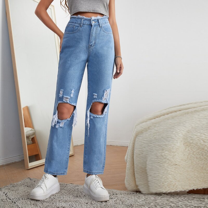 

Zipper Fly Raw Edge Ripped Jeans, Medium wash