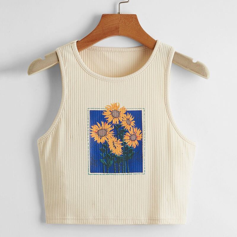 

Sunflower Graphic Ribbed Tank Top, Beige