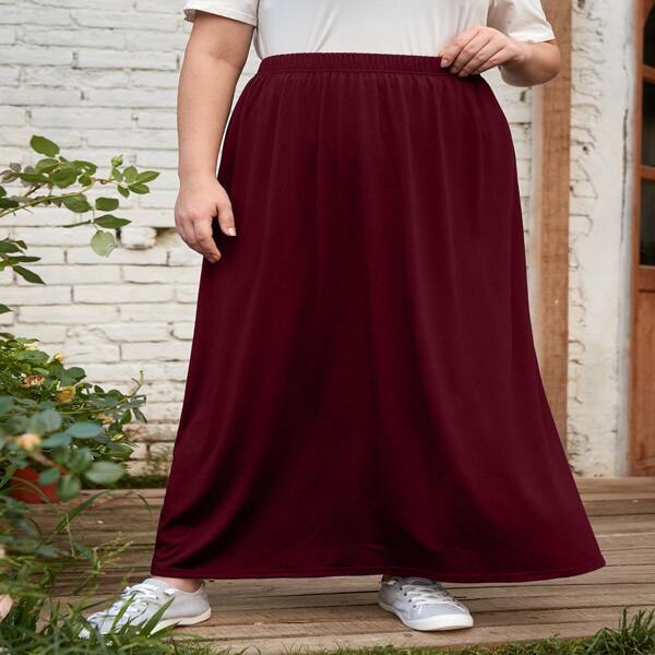 

Plus Solid Elastic Waist Maxi Skirt, Burgundy