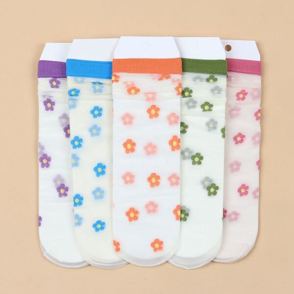 

5pairs Flower Print Crew Socks, Multicolor