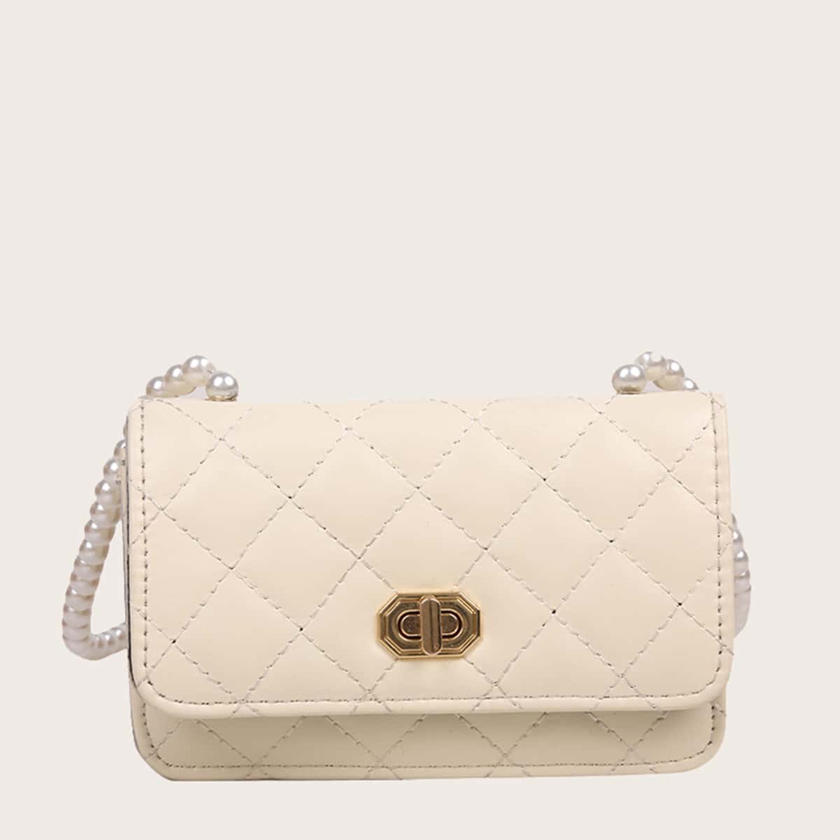 

Faux Pearl Strap Quilted Crossbody Bag, Beige