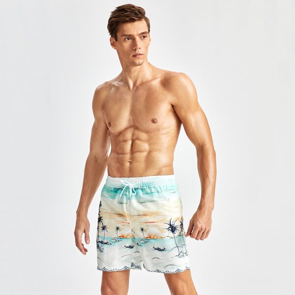 

Men Tropical Print Drawstring Waist Swim Trunks, Multicolor