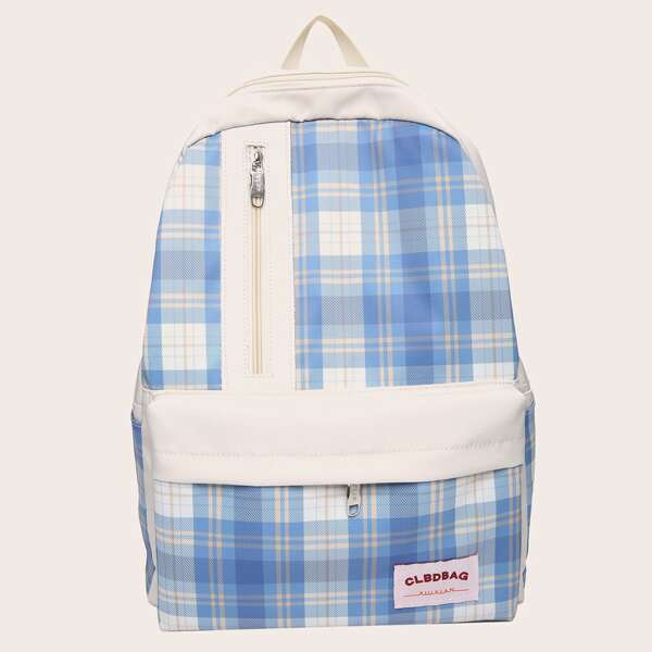 

Plaid Pattern Pocket Front Backpack, Blue