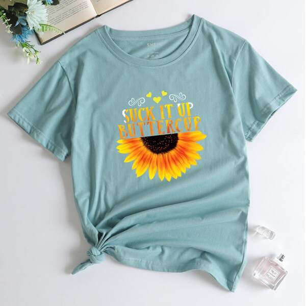

Sunflower & Slogan Graphic Tee, Baby blue
